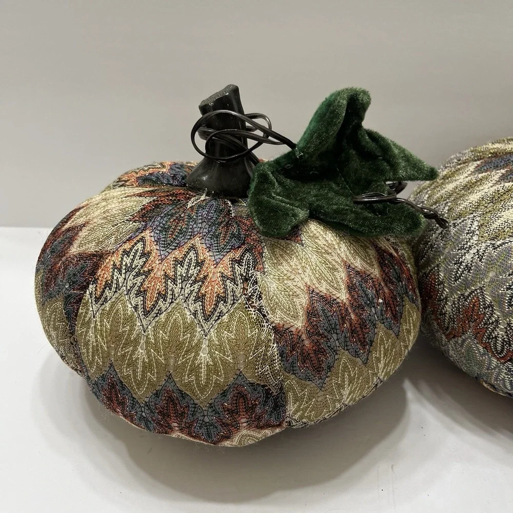 Fall Fabric Plush Pumpkins Woven Tapestry Pattern Earth Tones Vines Leaves 2